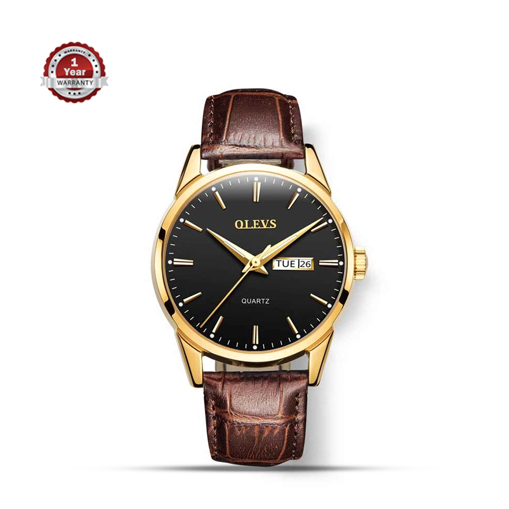 Olevs 6898 PU Leather Wrist Watch For Men Golden Black