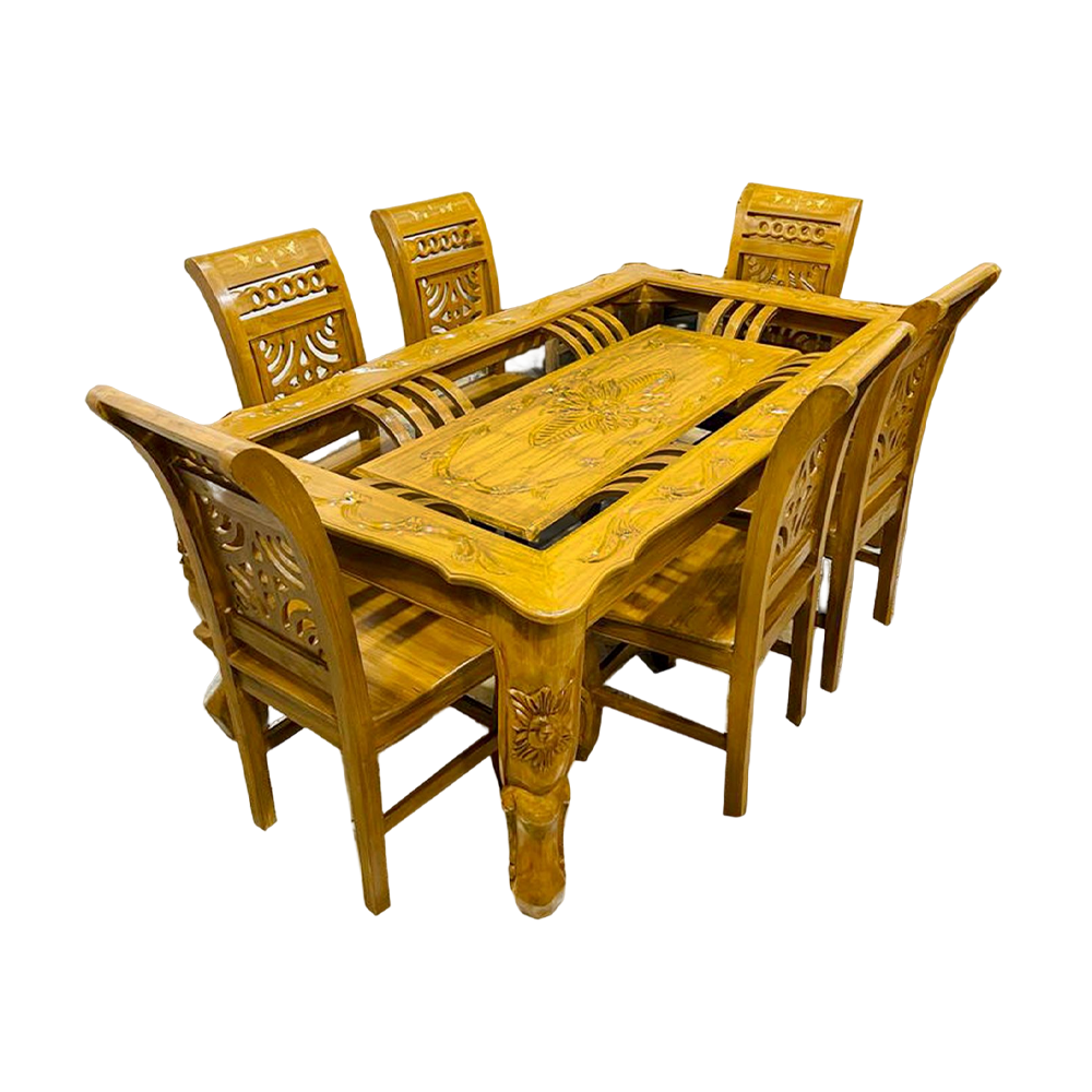 Furniture Heaven Shegun Wood Hand Polish Dining Table With 6 Chair Semi