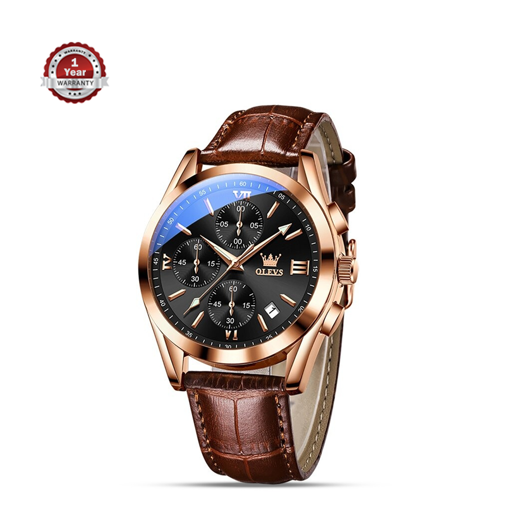 OLEVS 2872 Leather Quartz Watch For Men Gold Brown And Black