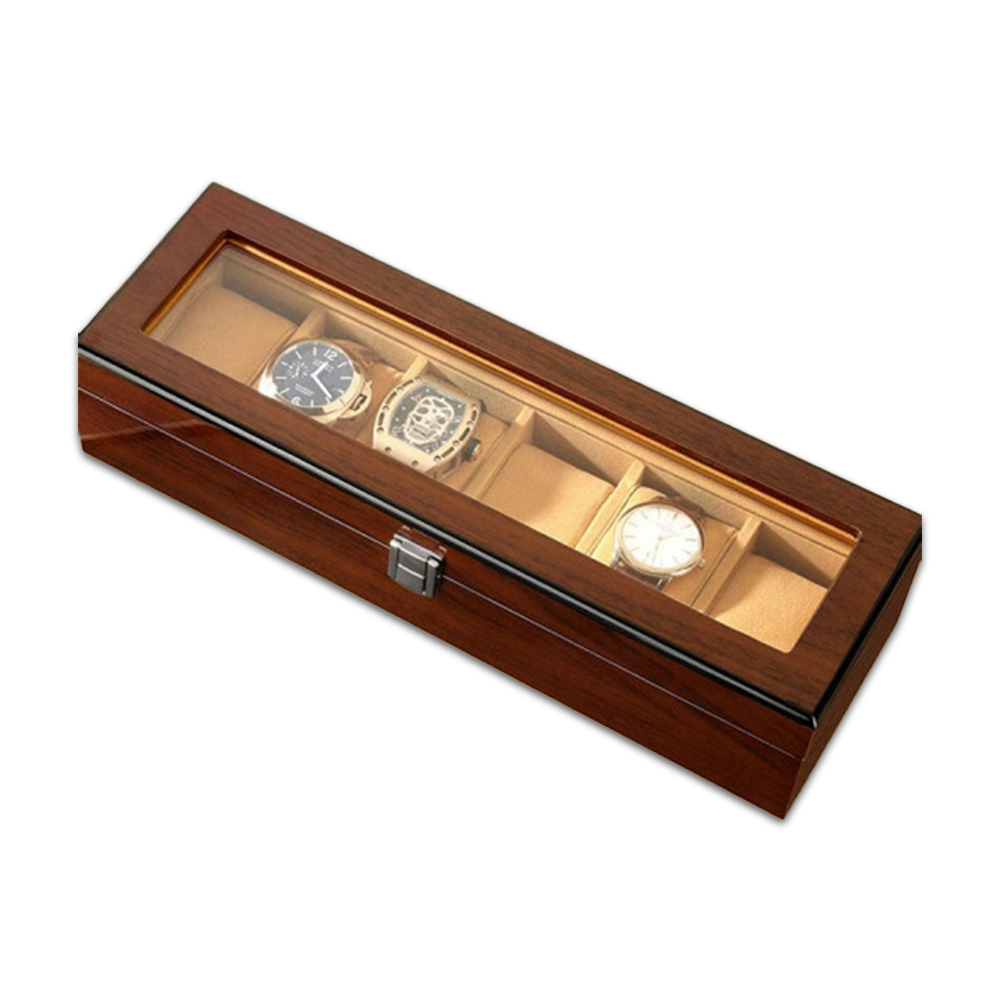 Wooden Watch Box Case With Large Clear Glass Top 6 Slots