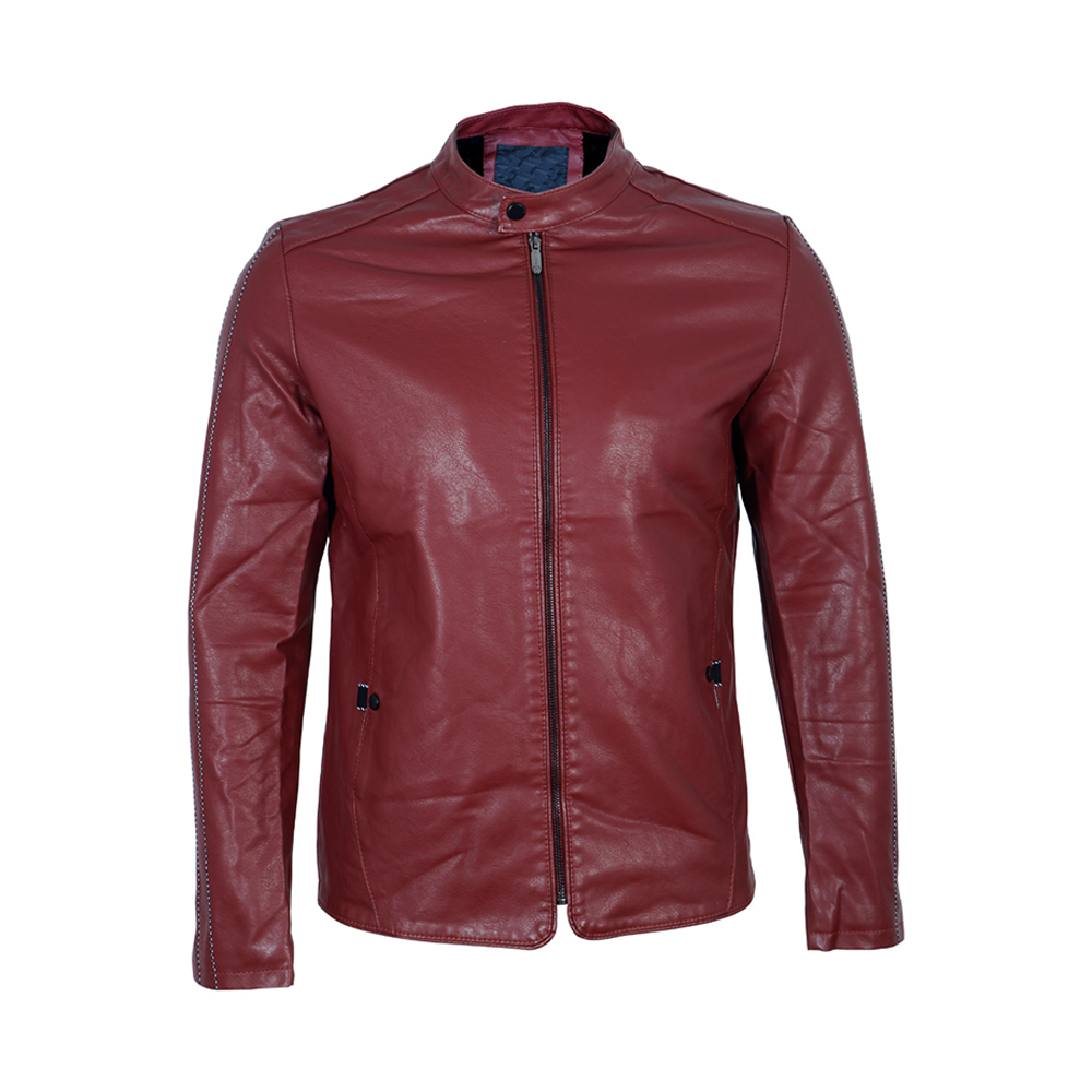 JK 2693 Artificial Leather Jacket For Men - Dark Red