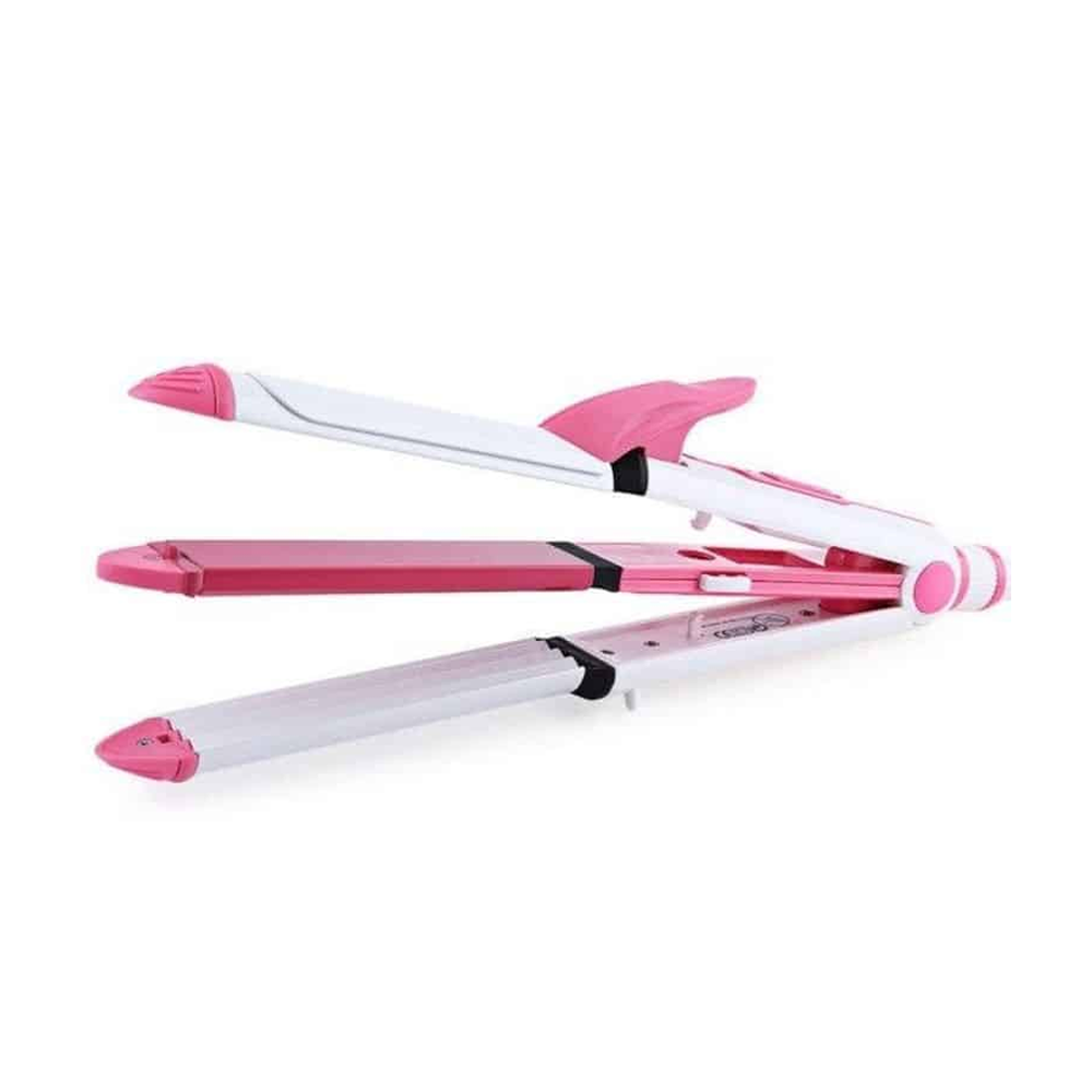 Kemei KM-1213 Ceramic Coating Hair Curling And Straightener For Women - Pink And White