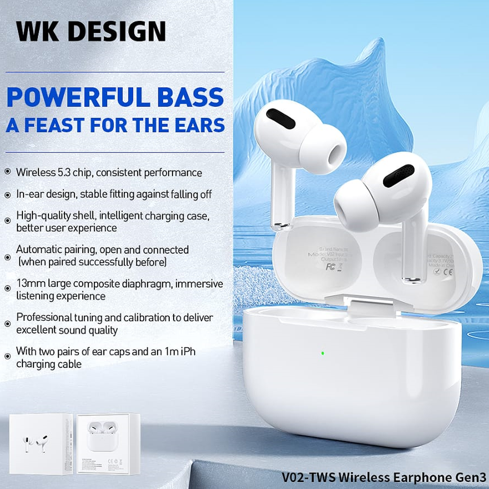 WK DESIGN V02 Gen3 TWS Wireless Earphone White