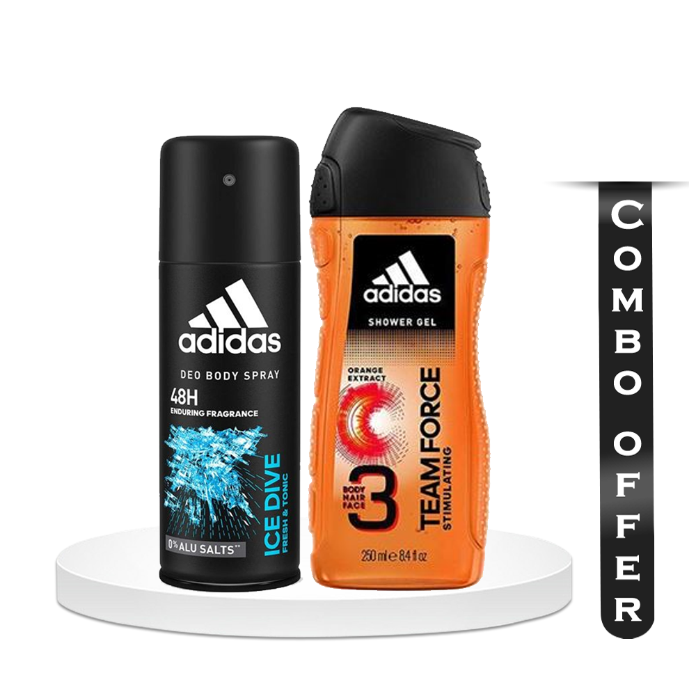 Combo Offer of Adidas 3in1 Team Force Shower Gel - 250ml and Adidas Deo Body Spray Ice Dive - 150ml
