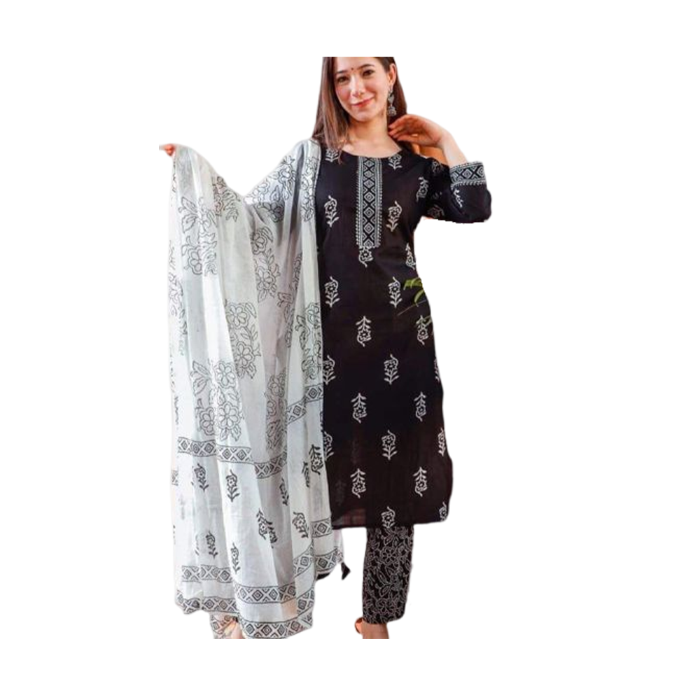 Unstitched Cotton Block Print Salwar kameez For Women Black 3P15
